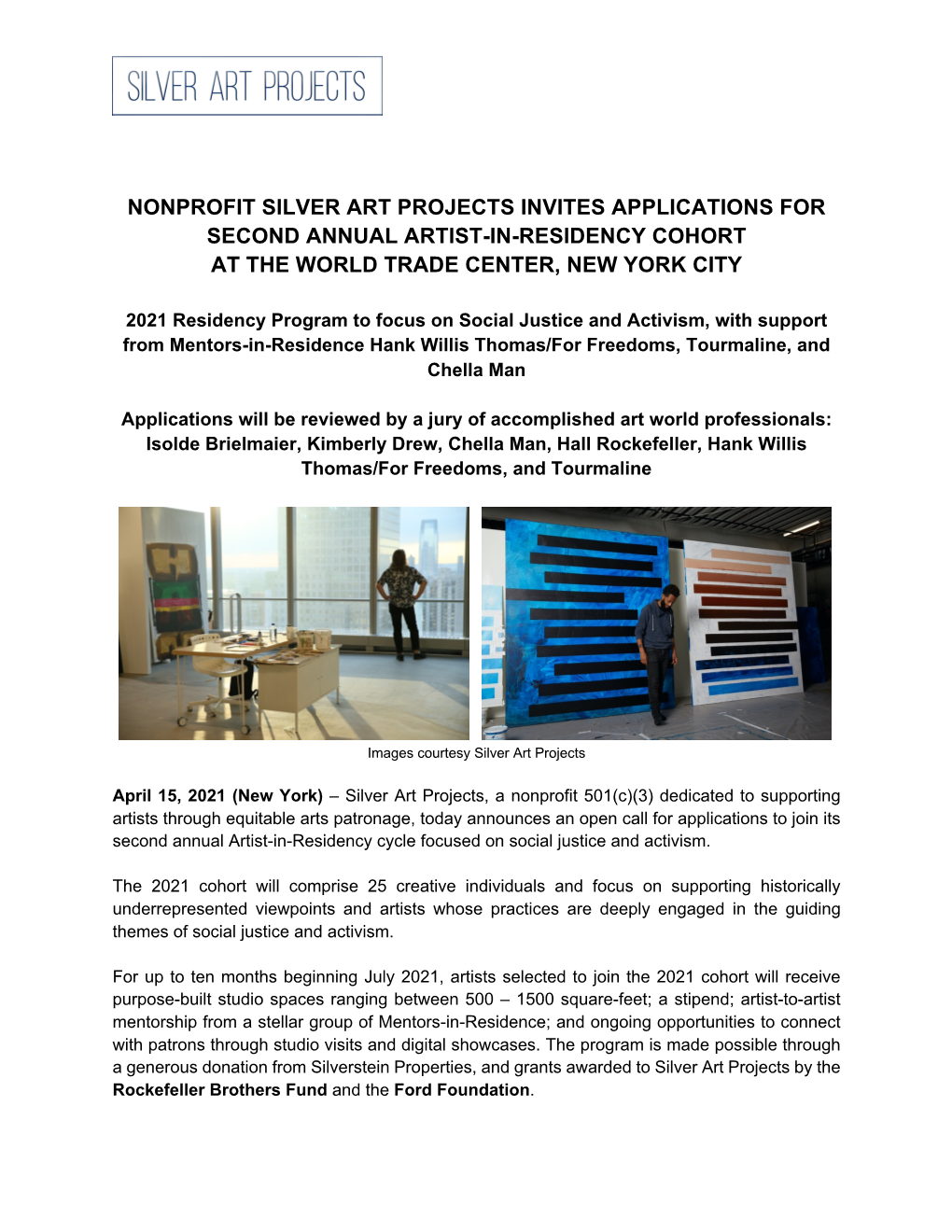 Nonprofit Silver Art Projects Invites Applications for Second Annual Artist-In-Residency Cohort at the World Trade Center, New York City