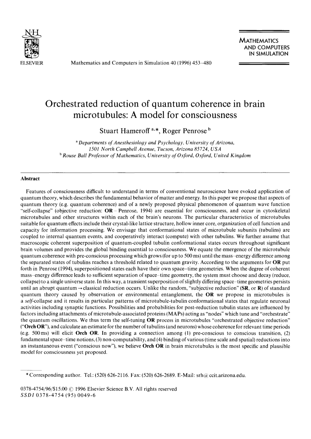 Orchestrated Reduction of Quantum Coherence in Brain Microtubules: a Model for Consciousness