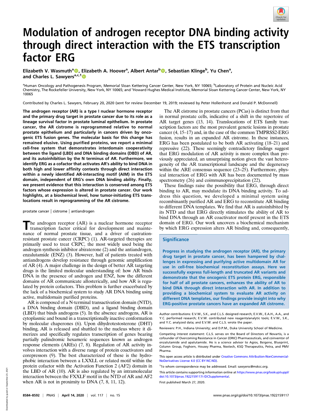 Modulation of Androgen Receptor DNA Binding Activity Through Direct Interaction with the ETS Transcription Factor ERG