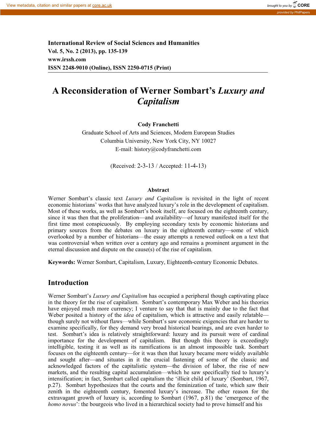 A Reconsideration of Werner Sombart's Luxury and Capitalism