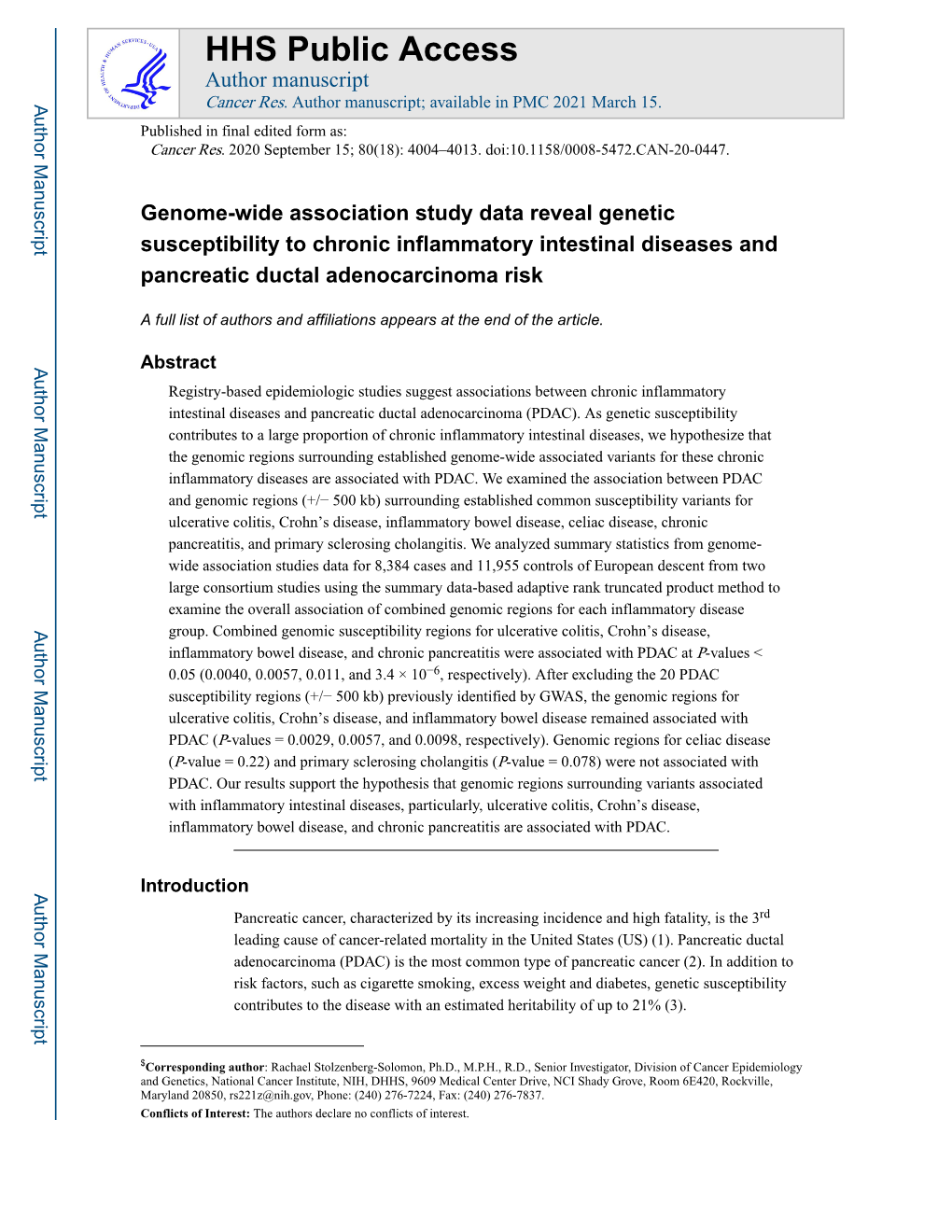 Genome-Wide Association Study Data Reveal Genetic Susceptibility to Chronic Inflammatory Intestinal Diseases and Pancreatic Ductal Adenocarcinoma Risk