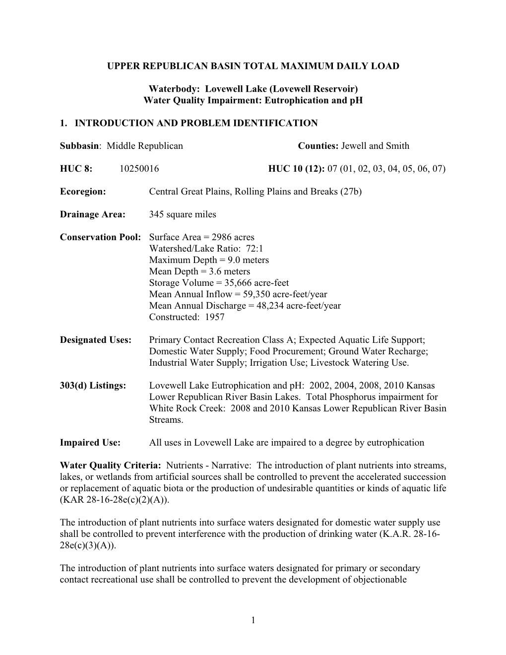 (Lovewell Reservoir) Water Quality Impairment: Eutrophication and Ph