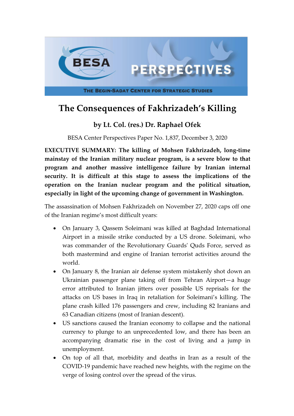 The Consequences of Fakhrizadeh's Killing