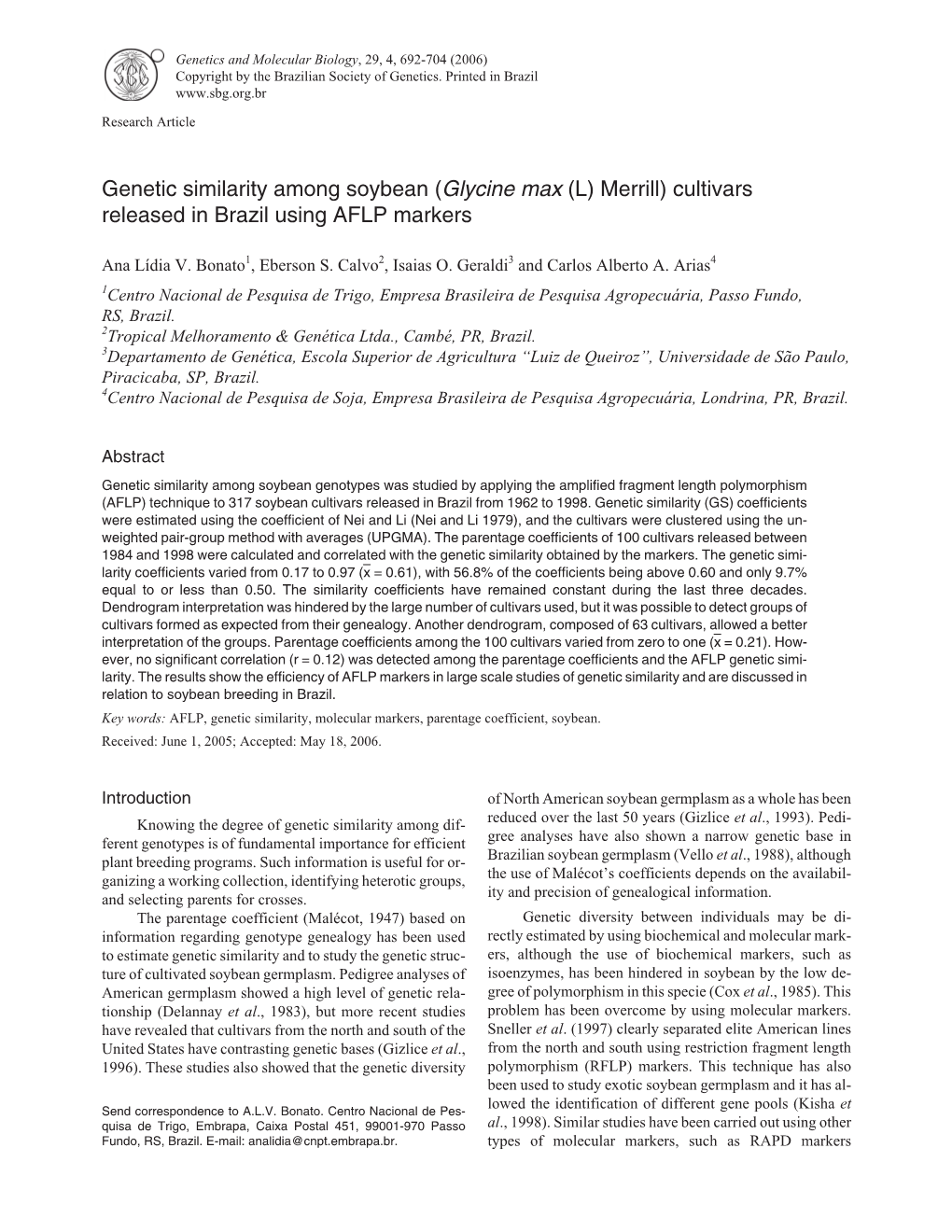 Genetic Similarity Among Soybean (Glycine Max (L) Merrill) Cultivars Released in Brazil Using AFLP Markers