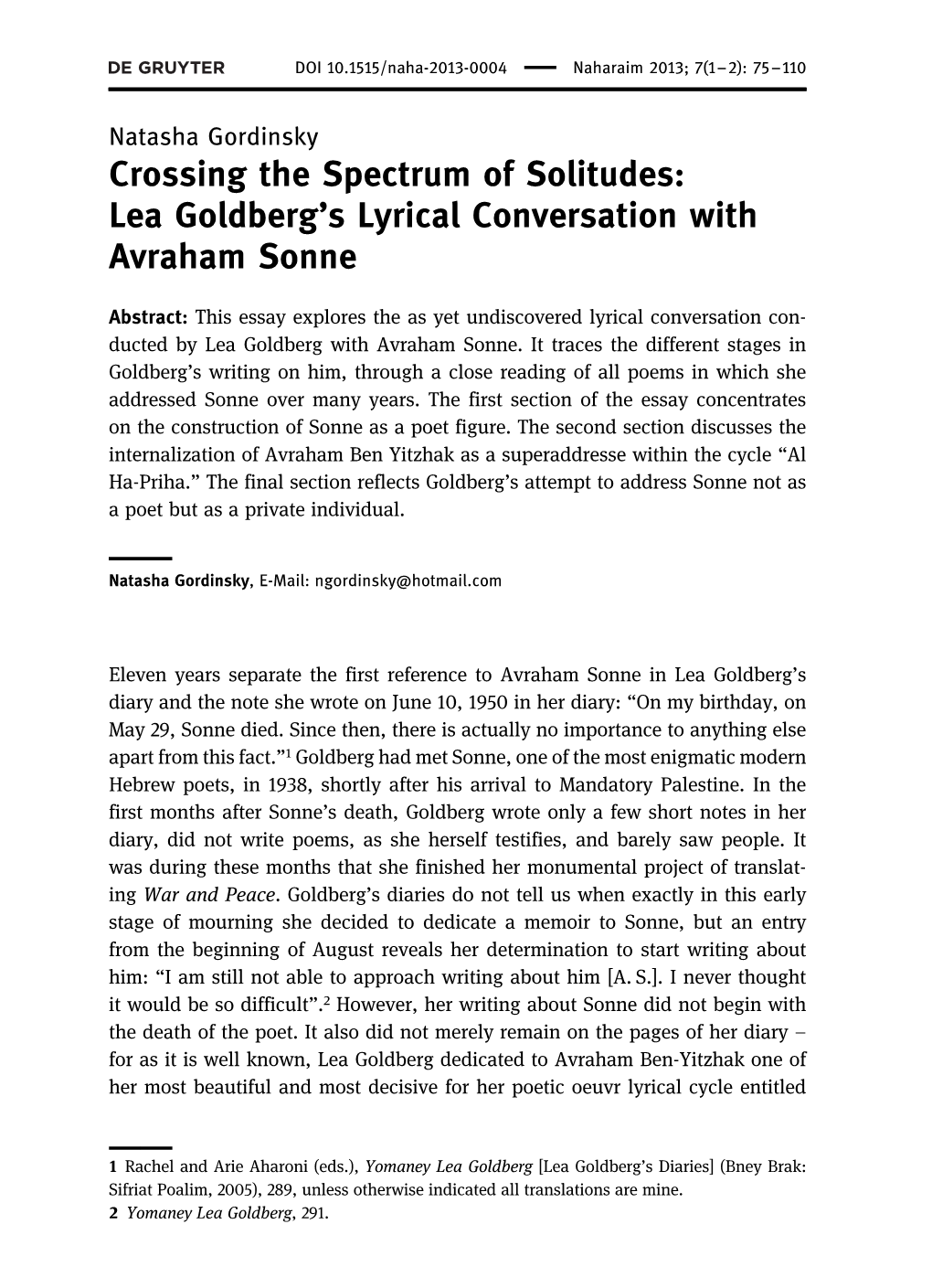Lea Goldberg’S Lyrical Conversation with Avraham Sonne