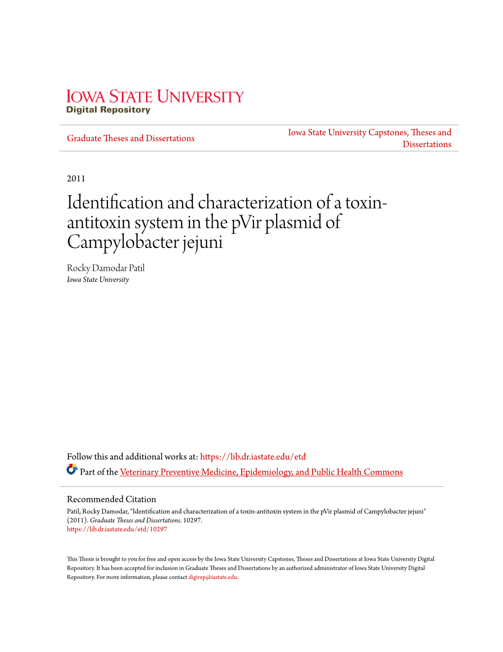 Antitoxin System in the Pvir Plasmid of Campylobacter Jejuni Rocky Damodar Patil Iowa State University