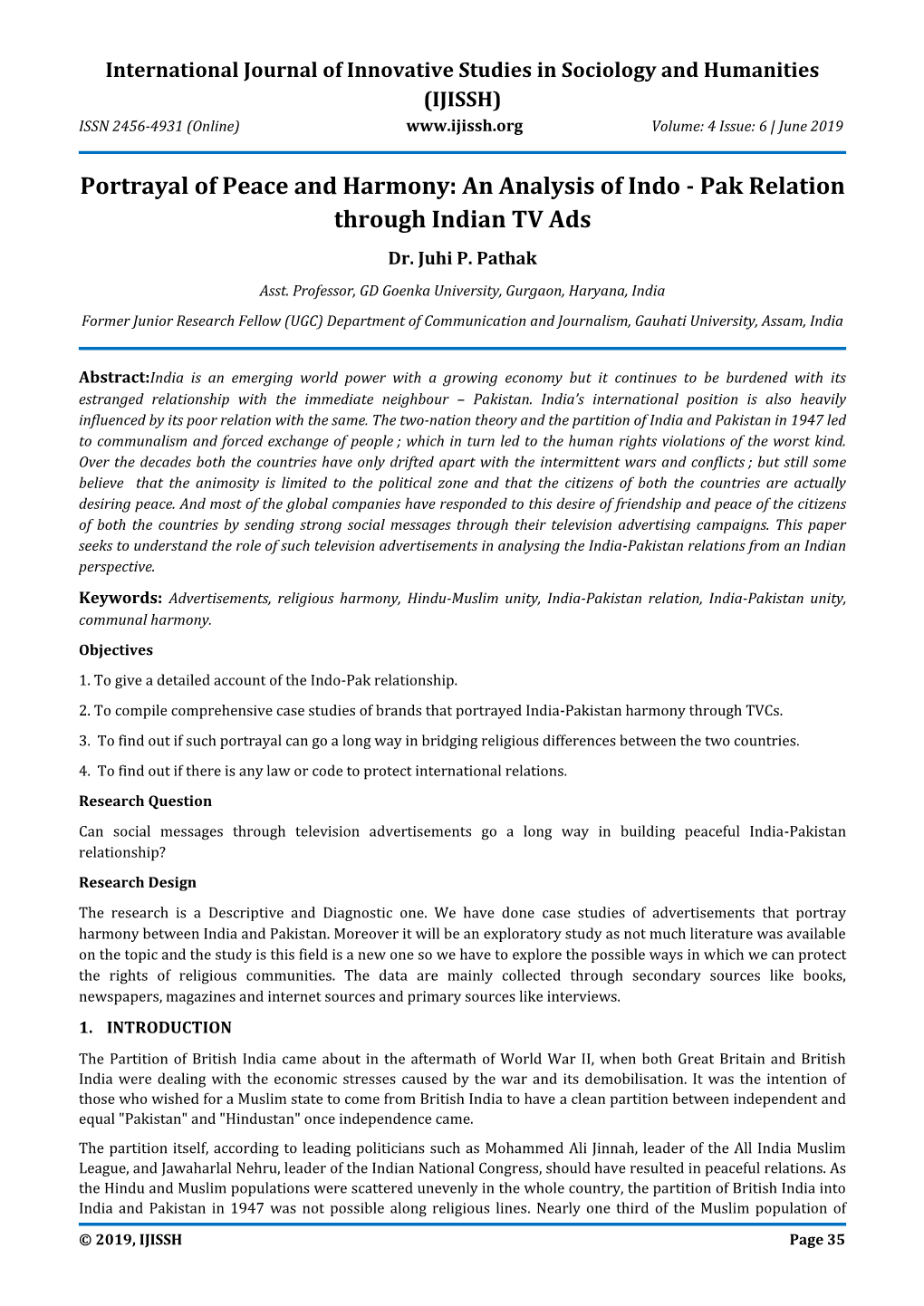 Portrayal of Peace and Harmony: an Analysis of Indo - Pak Relation Through Indian TV Ads Dr