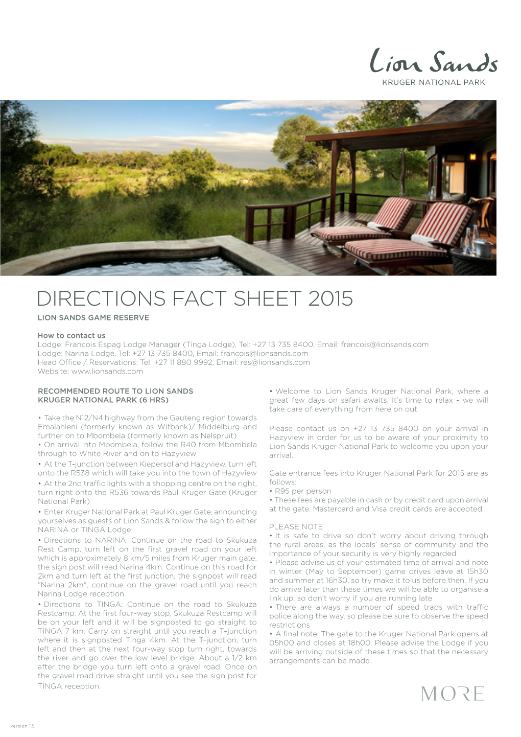 Directions Fact Sheet 2015 Lion Sands Game Reserve