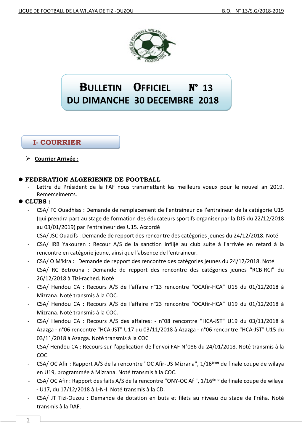 Bulletin Officiel N° 13 Du Dimanche 30 Decembre 2018