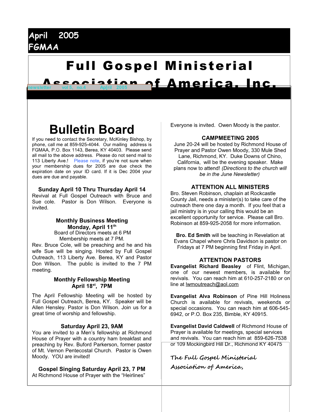 Full Gospel Ministerial Association of America, Inc