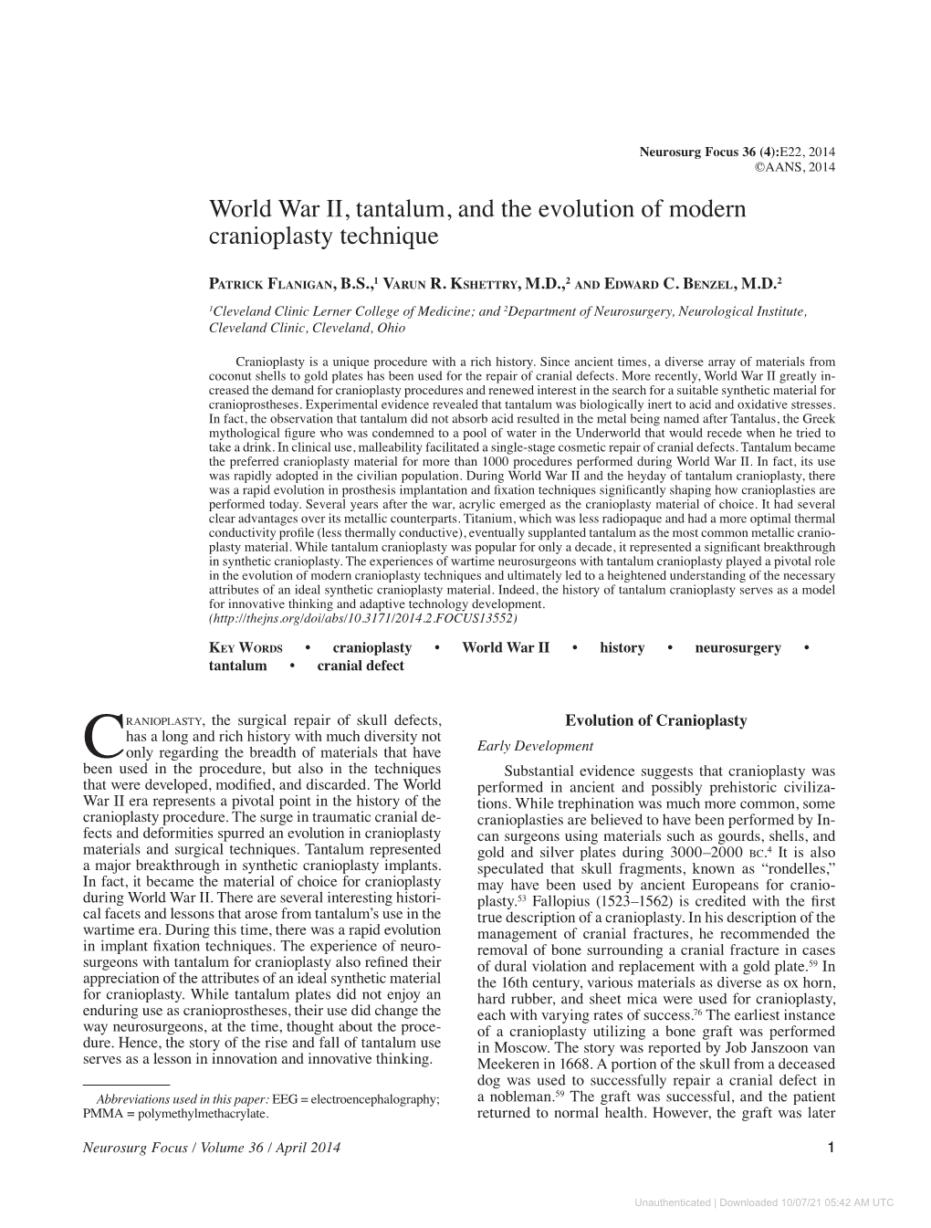 World War II, Tantalum, and the Evolution of Modern Cranioplasty Technique