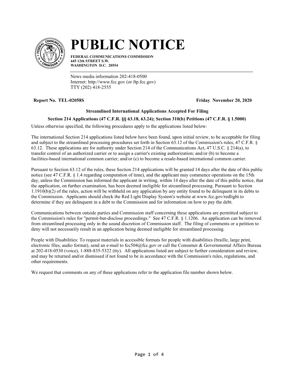 PUBLIC NOTICE FEDERAL COMMUNICATIONS COMMISSION 445 12Th STREET S.W