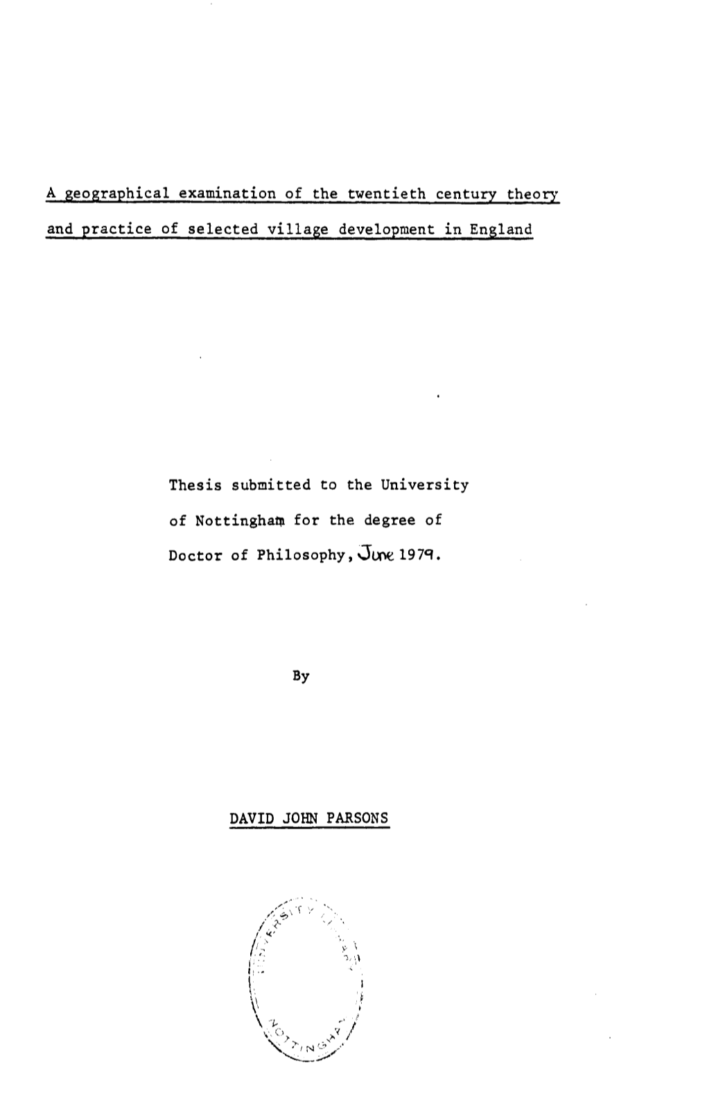 A Geographical Examination of the Twentieth Century Theory and Practice of Selected Village Development in England