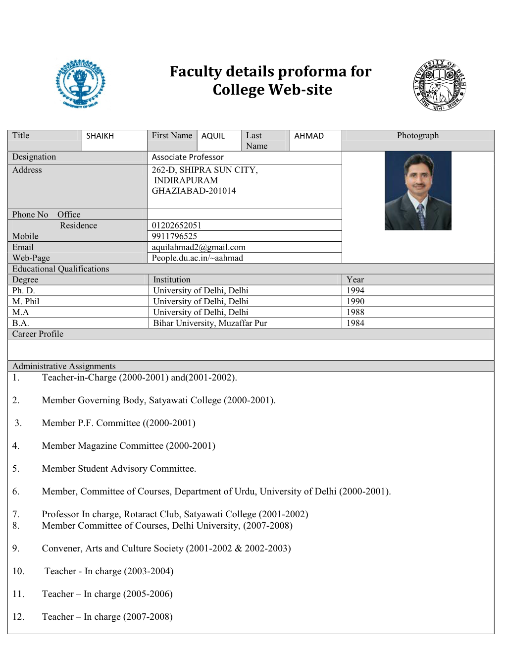 Faculty Details Proforma for College Web-Site