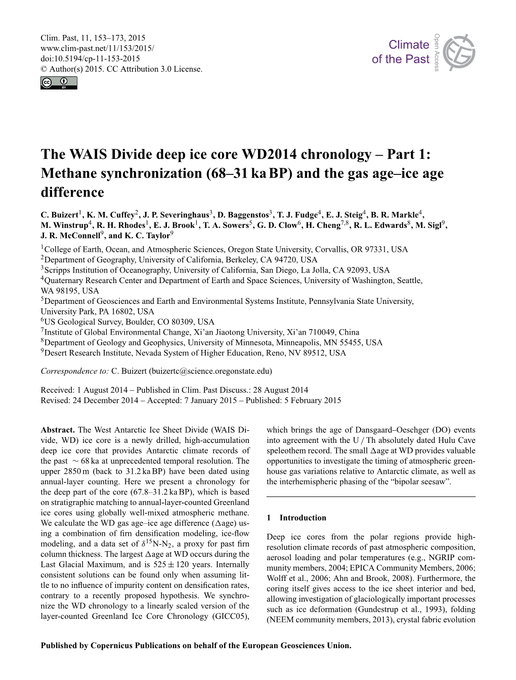 The WAIS Divide Deep Ice Core WD2014 Chronology – Part 1: Methane Synchronization (68–31 Ka BP) and the Gas Age–Ice Age Di