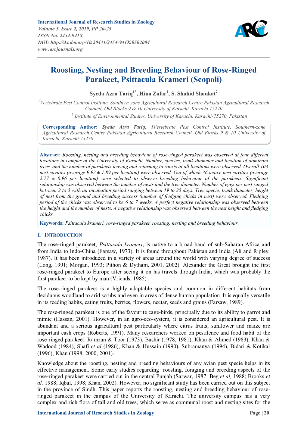 Roosting, Nesting and Breeding Behaviour of Rose-Ringed Parakeet, Psittacula Krameri (Scopoli)