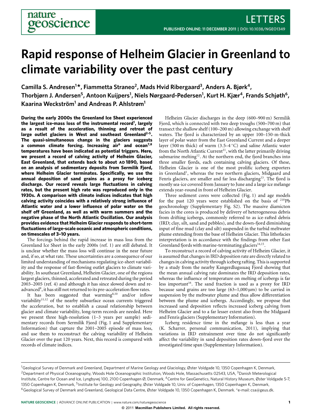 Rapid Response of Helheim Glacier in Greenland to Climate Variability Over the Past Century