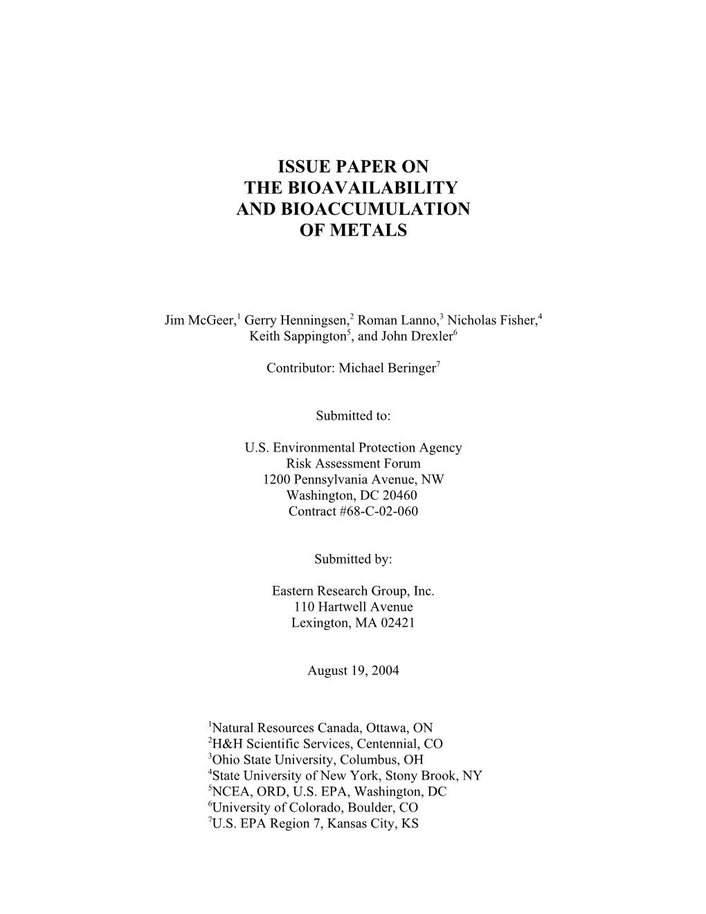 Issue Paper on the Bioavailability and Bioaccumulation of Metals