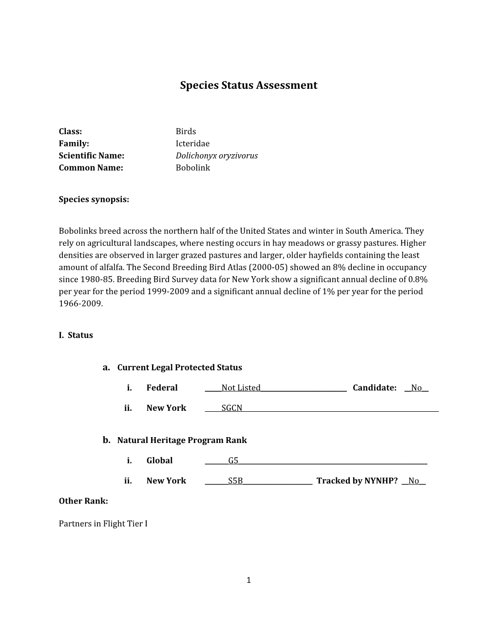 Species Assessment for Bobolink