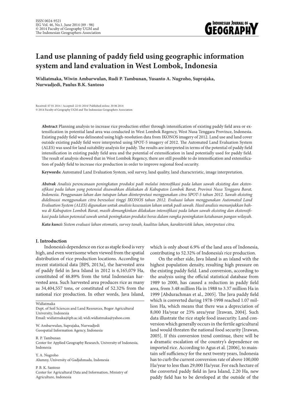 Land Use Planning of Paddy Field Using Geographic Information System and Land Evaluation in West Lombok, Indonesia
