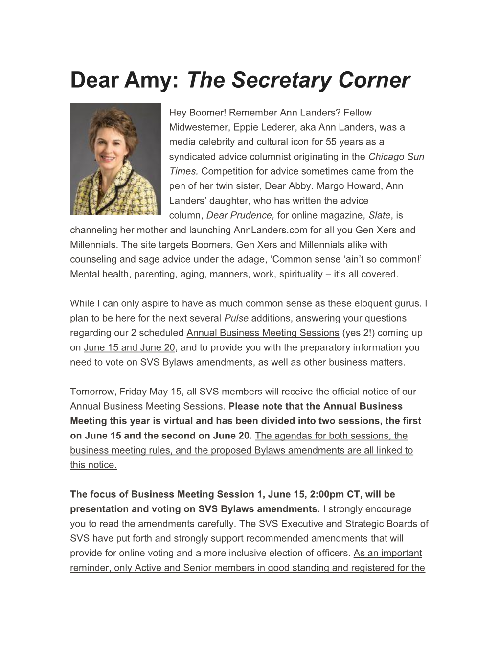 Dear Amy: the Secretary Corner
