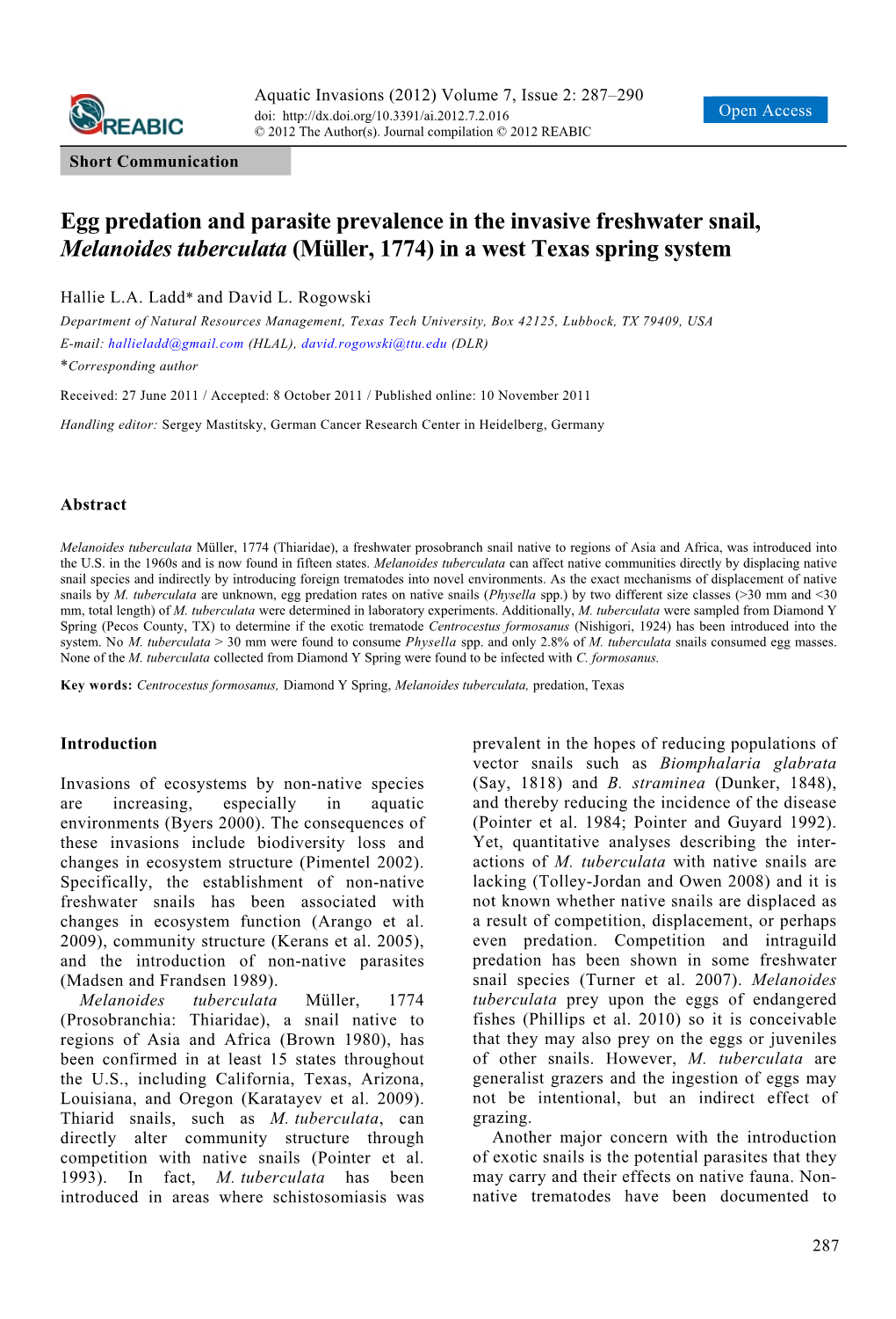 Egg Predation and Parasite Prevalence in the Invasive Freshwater Snail, Melanoides Tuberculata (Müller, 1774) in a West Texas Spring System