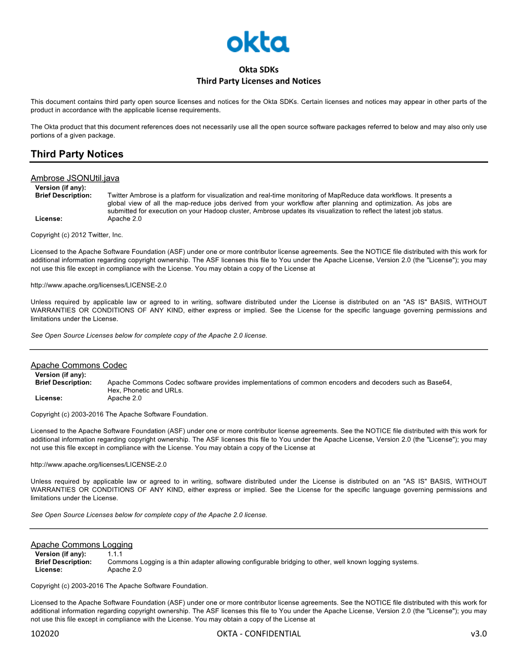 Okta Sdks Third Party Licenses and Notices 102020 OKTA