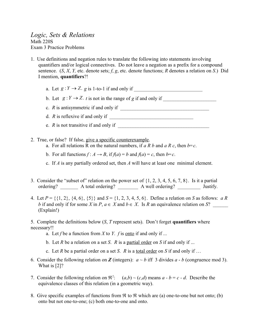 Logic, Sets & Relations: Test 3