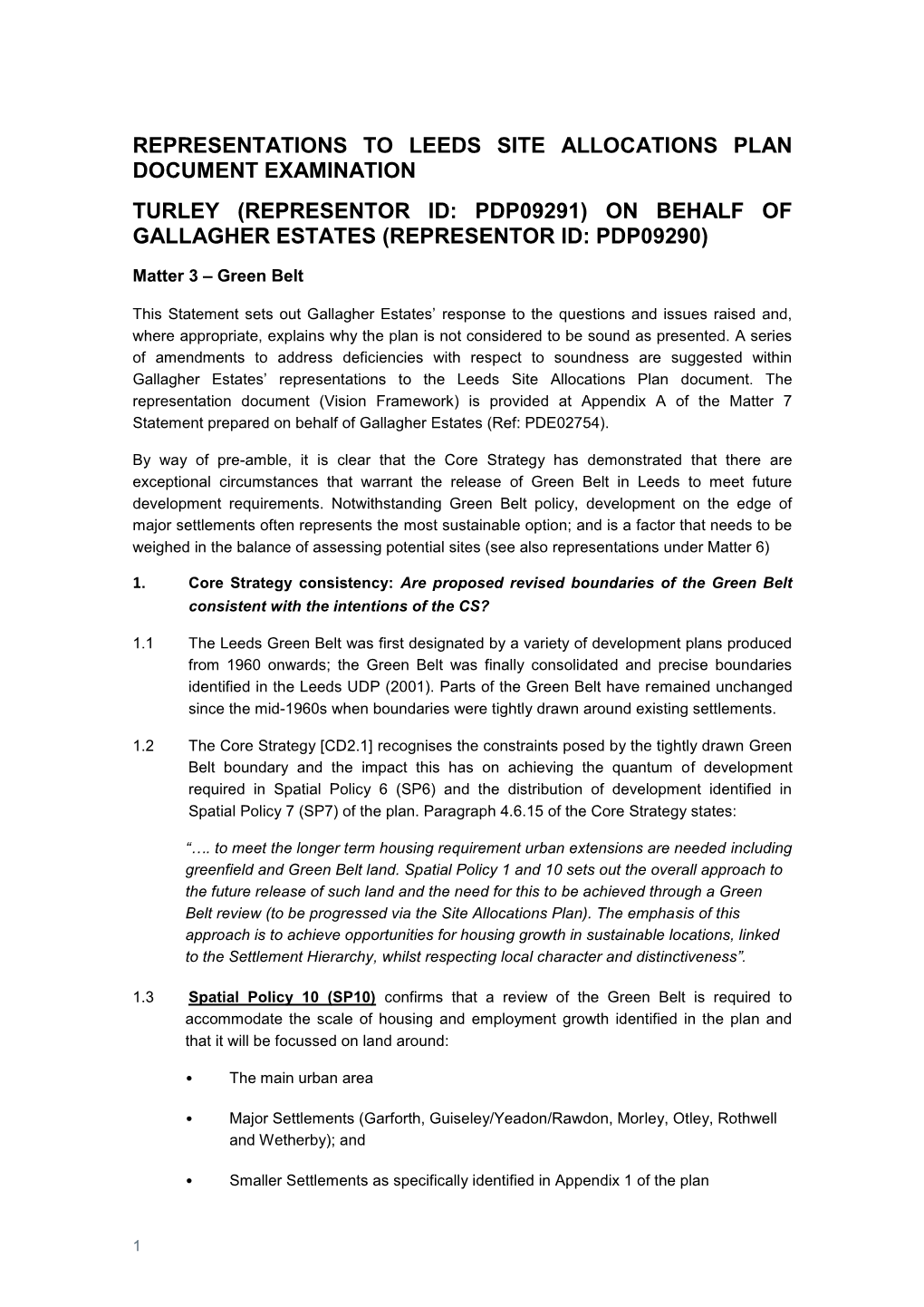 Representations to Leeds Site Allocations Plan Document Examination Turley (Representor Id: Pdp09291) on Behalf of Gallagher Estates (Representor Id: Pdp09290)