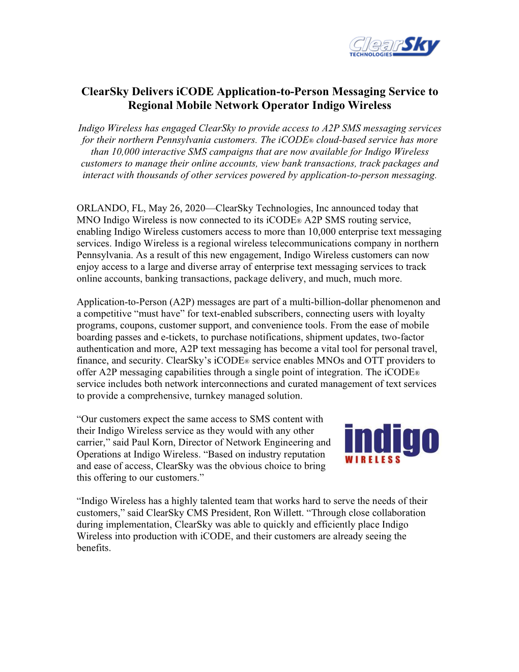 Clearsky Delivers Icode Application-To-Person Messaging Service to Regional Mobile Network Operator Indigo Wireless