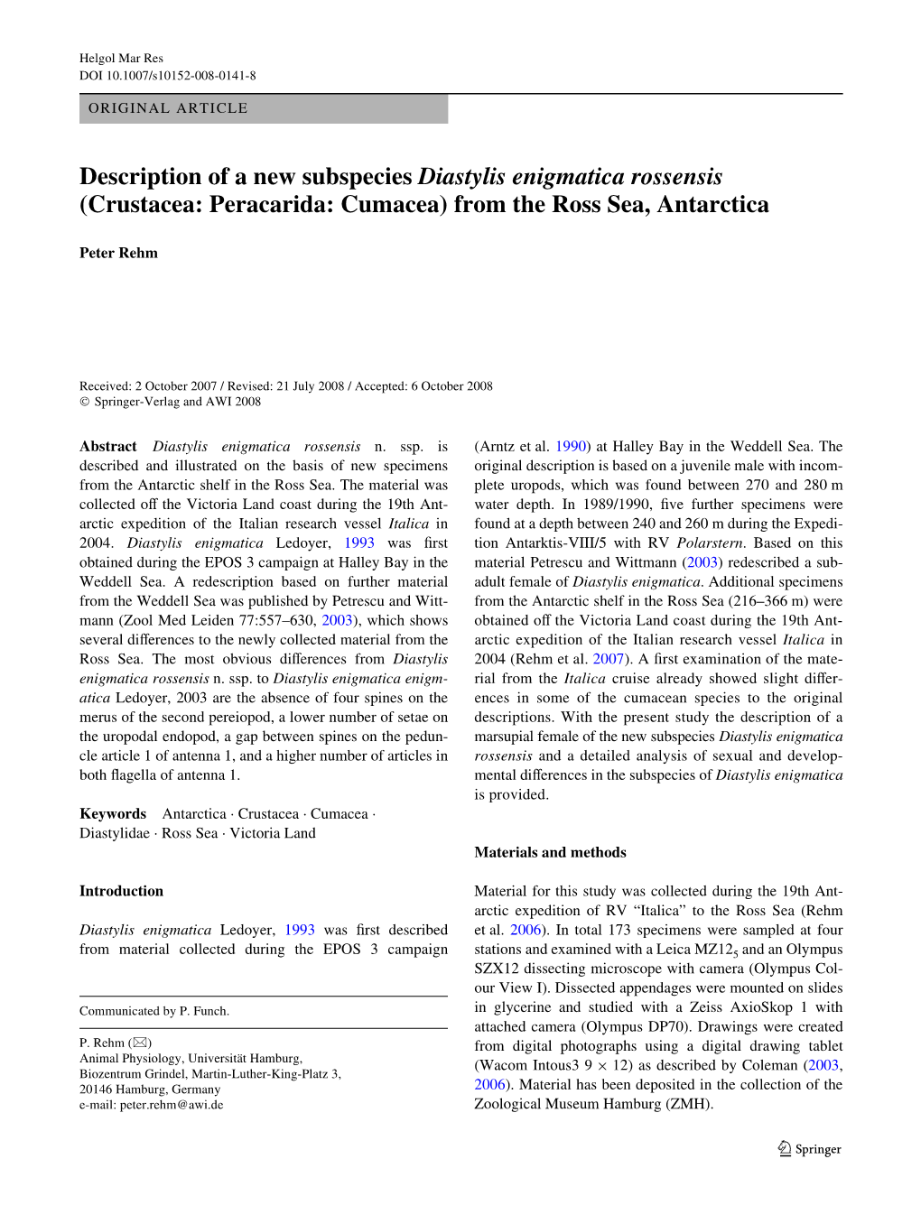 Description of a New Subspecies Diastylis Enigmatica Rossensis (Crustacea: Peracarida: Cumacea) from the Ross Sea, Antarctica