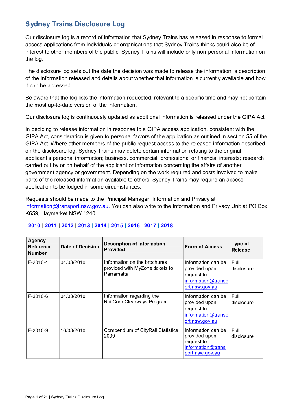 Sydney Trains Disclosure Log