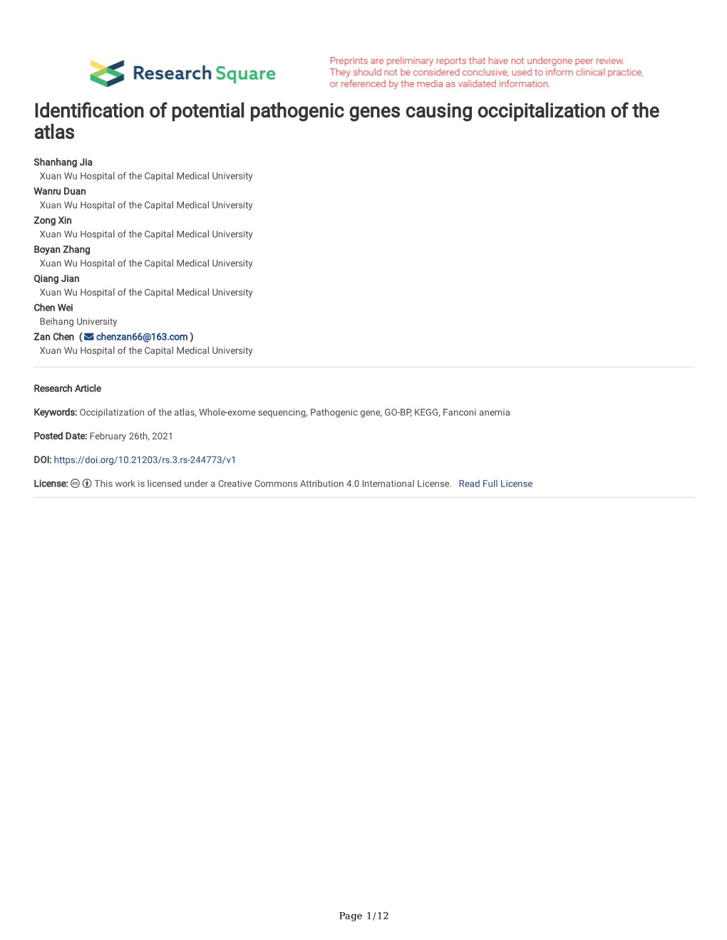 Identi Cation of Potential Pathogenic Genes Causing Occipitalization Of