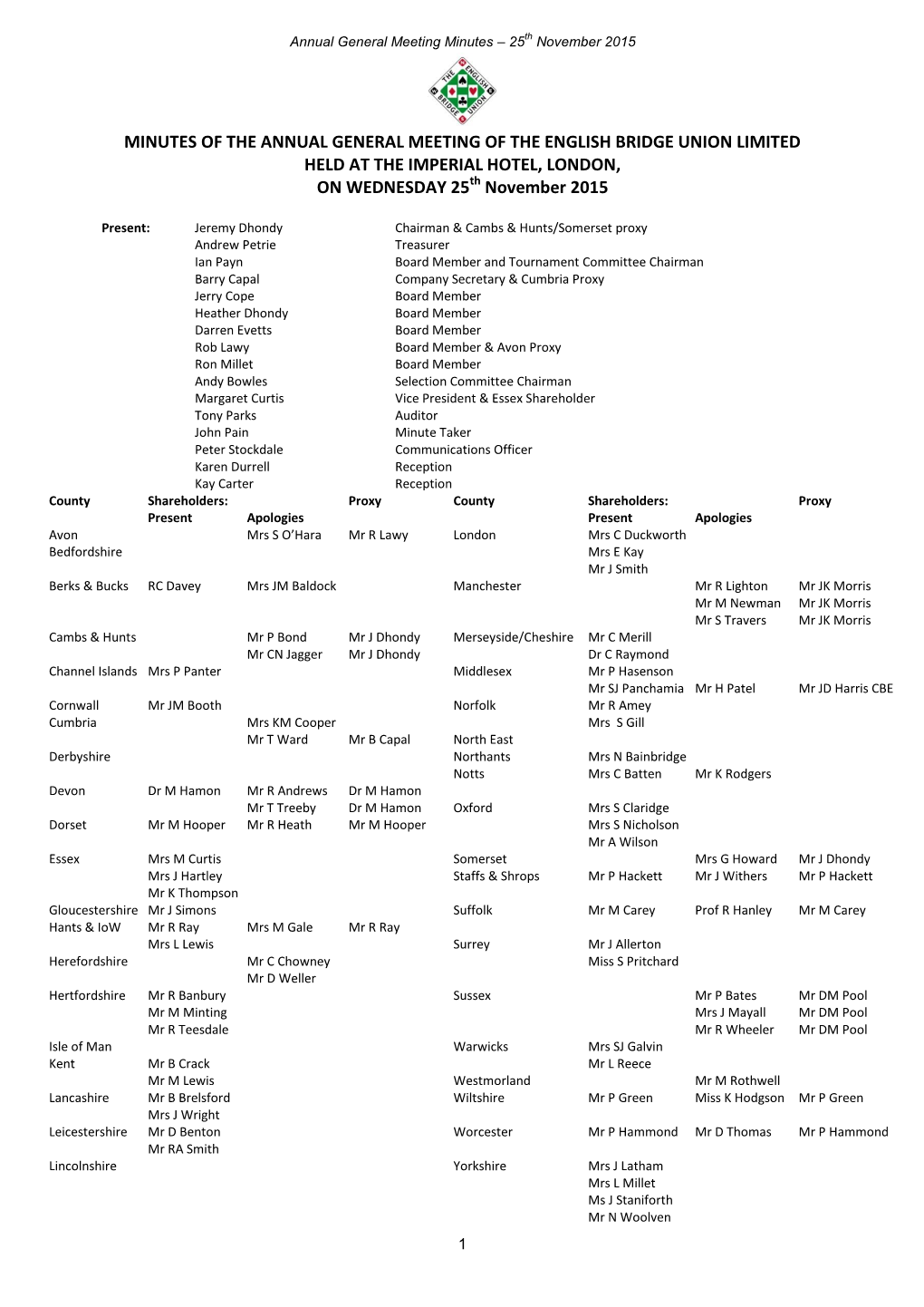 MINUTES of the ANNUAL GENERAL MEETING of the ENGLISH BRIDGE UNION LIMITED HELD at the IMPERIAL HOTEL, LONDON, on WEDNESDAY 25Th November 2015