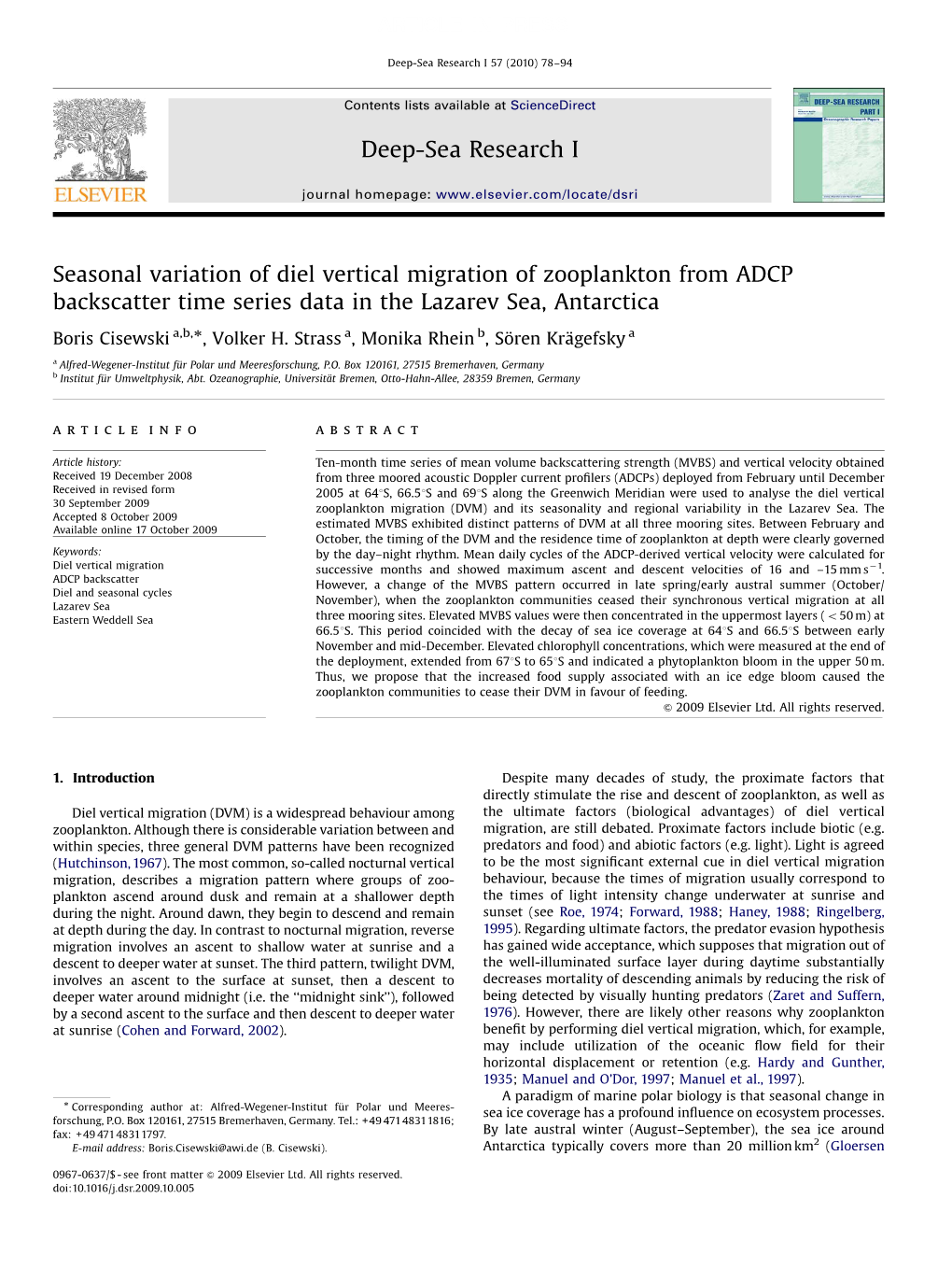 Seasonal Variation of Diel Vertical Migration of Zooplankton from ADCP Backscatter Time Series Data in the Lazarev Sea, Antarctica