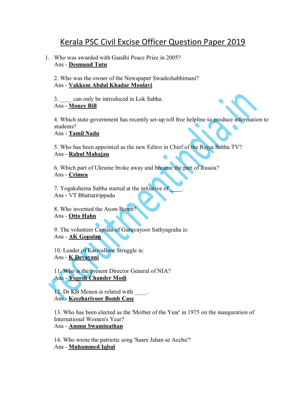 Kerala PSC Civil Excise Officer Question Paper 2019