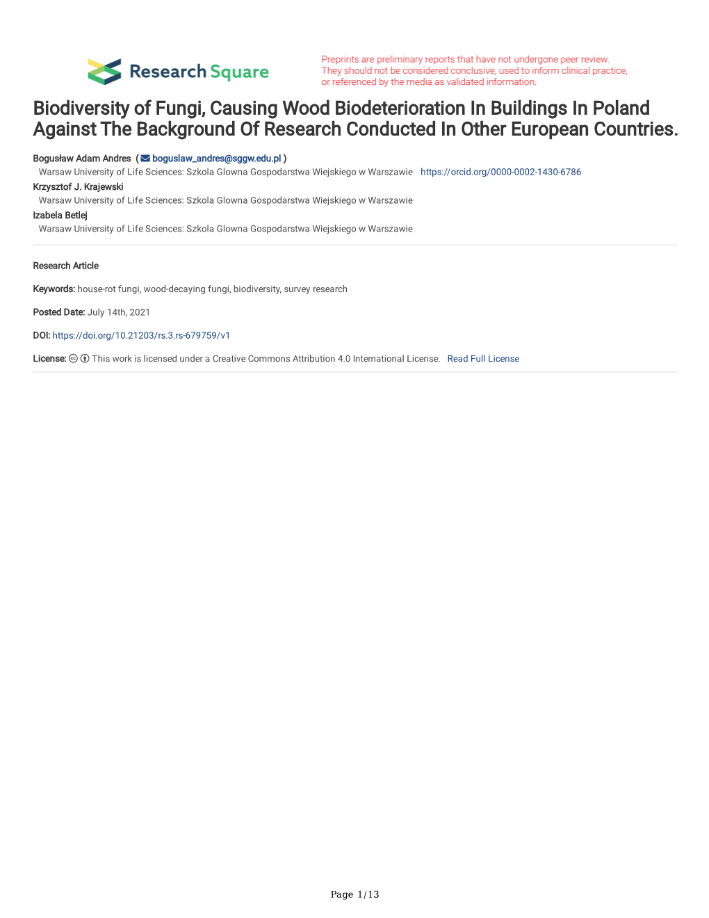 Biodiversity of Fungi, Causing Wood Biodeterioration in Buildings in Poland Against the Background of Research Conducted in Other European Countries