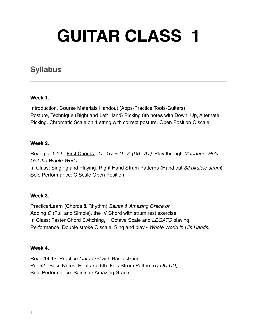 Guitar Class 1 Syllabus