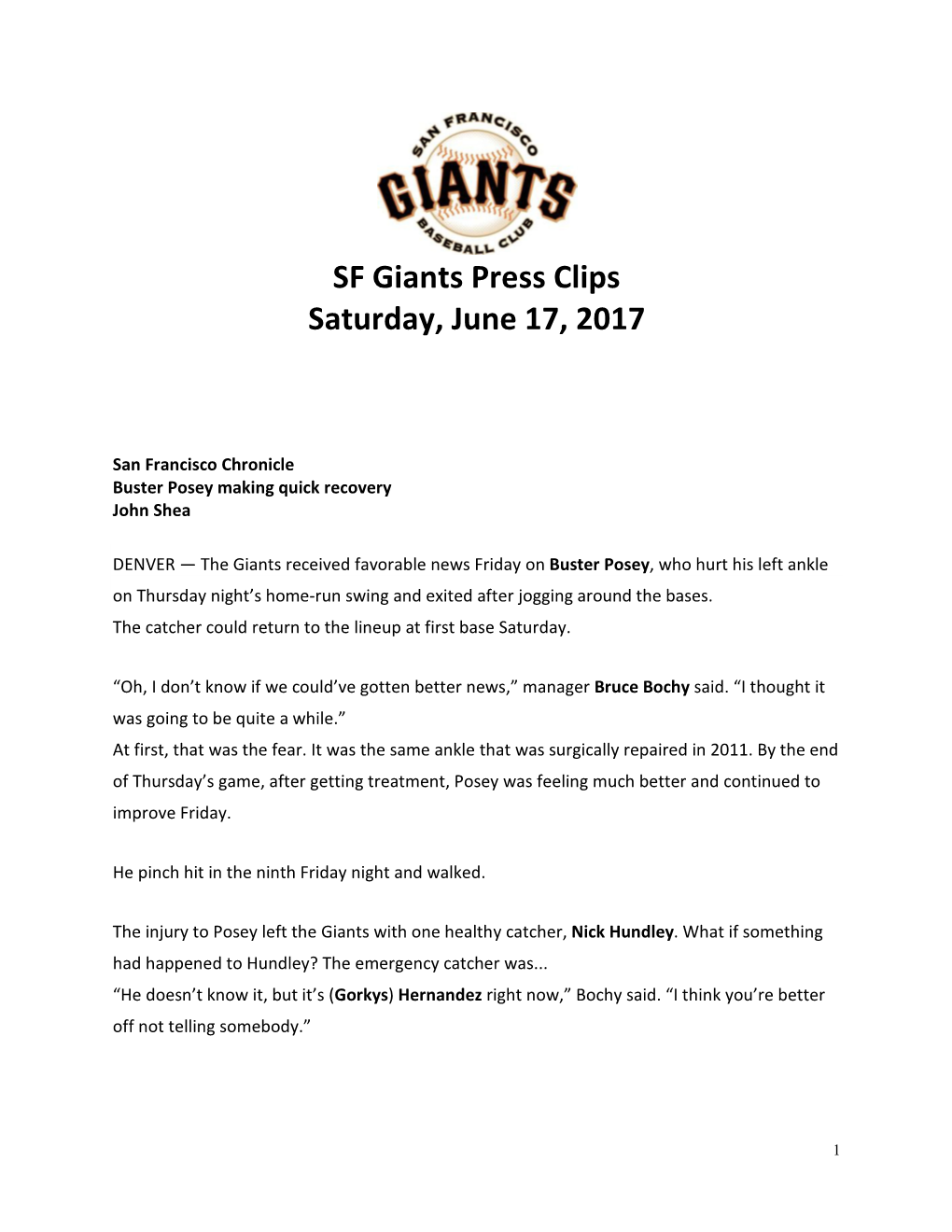 SF Giants Press Clips Saturday, June 17, 2017