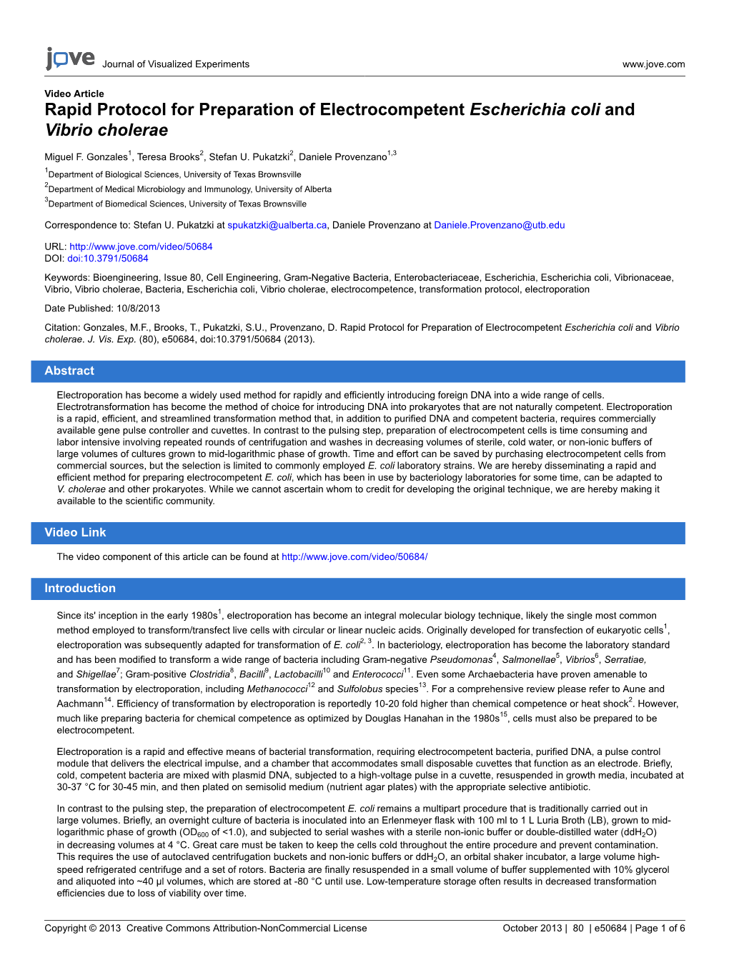 Rapid Protocol for Preparation of Electrocompetent Escherichia Coli and Vibrio Cholerae