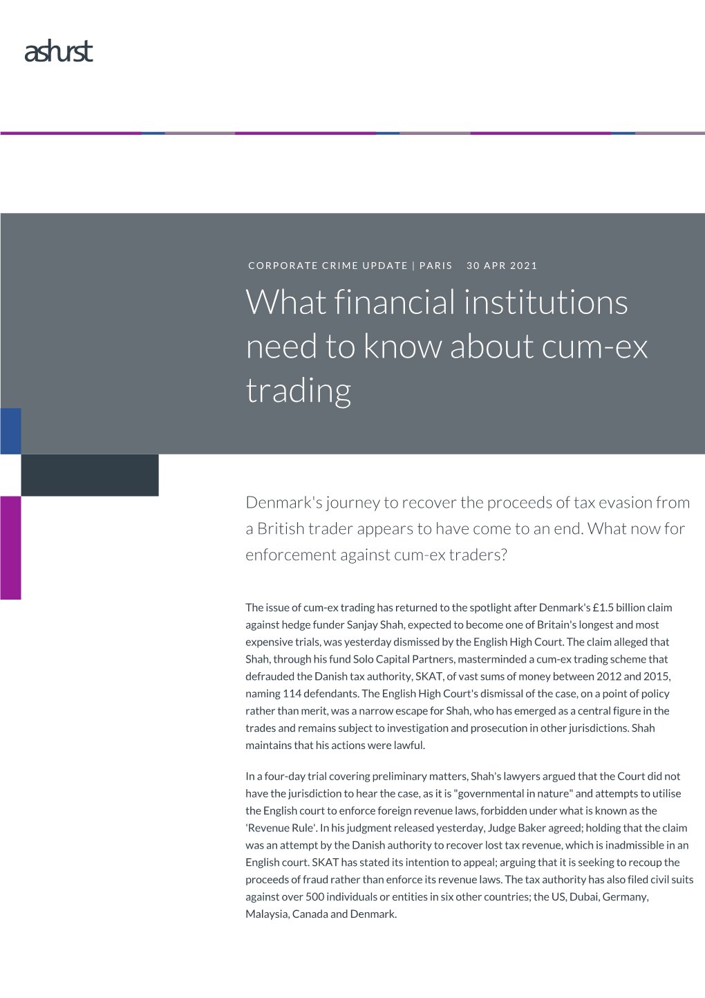 What Financial Institutions Need to Know About Cum-Ex Trading