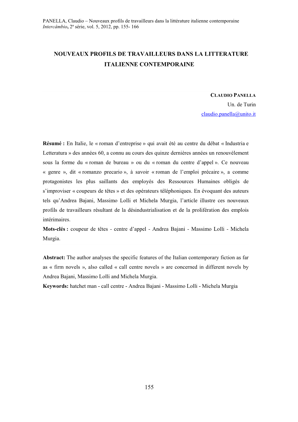 PANELLA, Claudio – Nouveaux Profils De Travailleurs Dans La Littérature Italienne Contemporaine Intercâmbio , 2ª Série, Vol