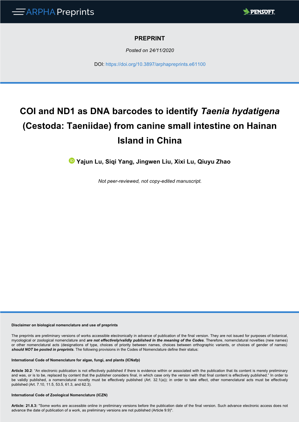 COI and ND1 As DNA Barcodes to Identify Taenia Hydatigena (Cestoda: Taeniidae) from Canine Small Intestine on Hainan Island in China