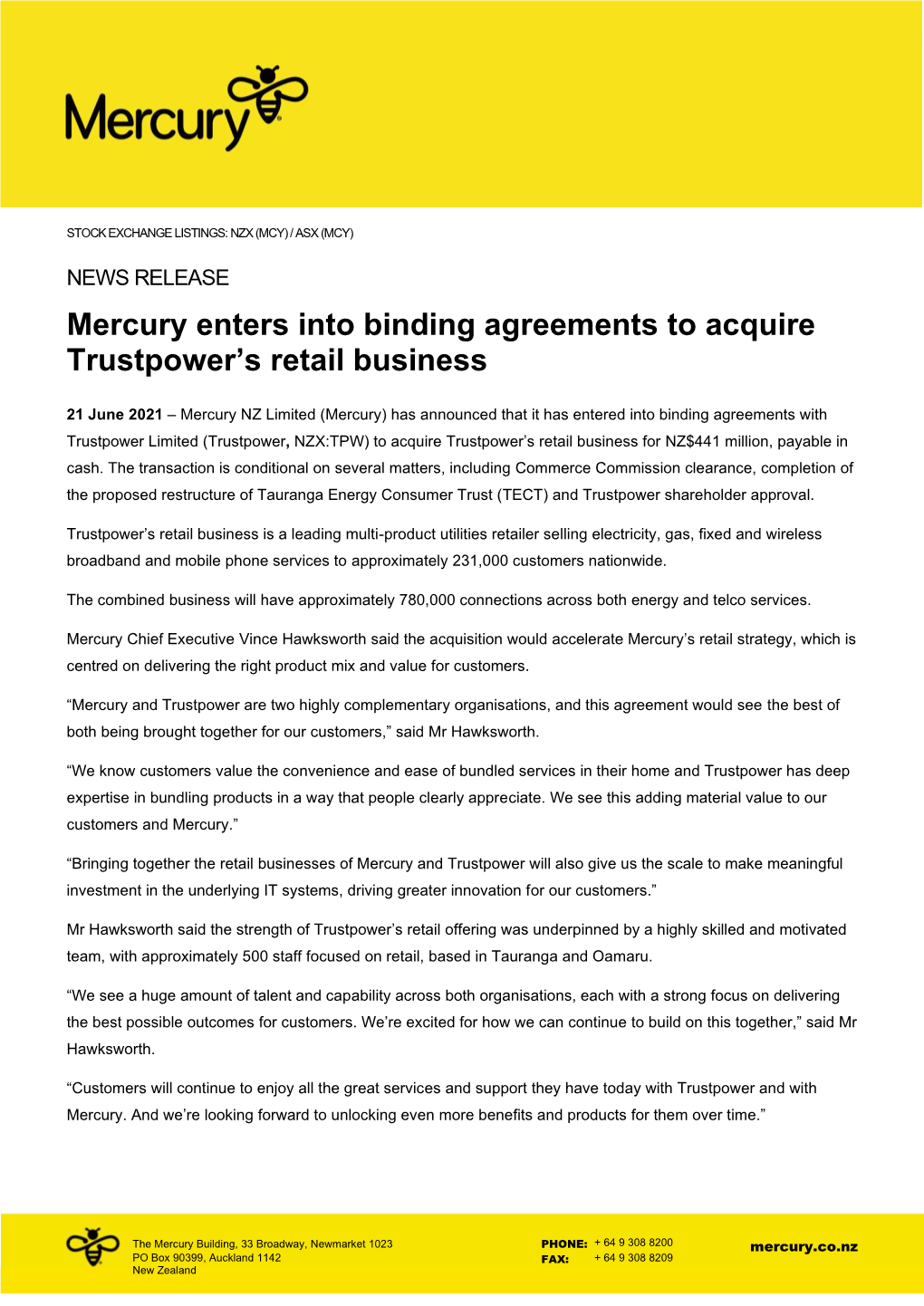 Mercury Enters Into Binding Agreements to Acquire Trustpower’S Retail Business
