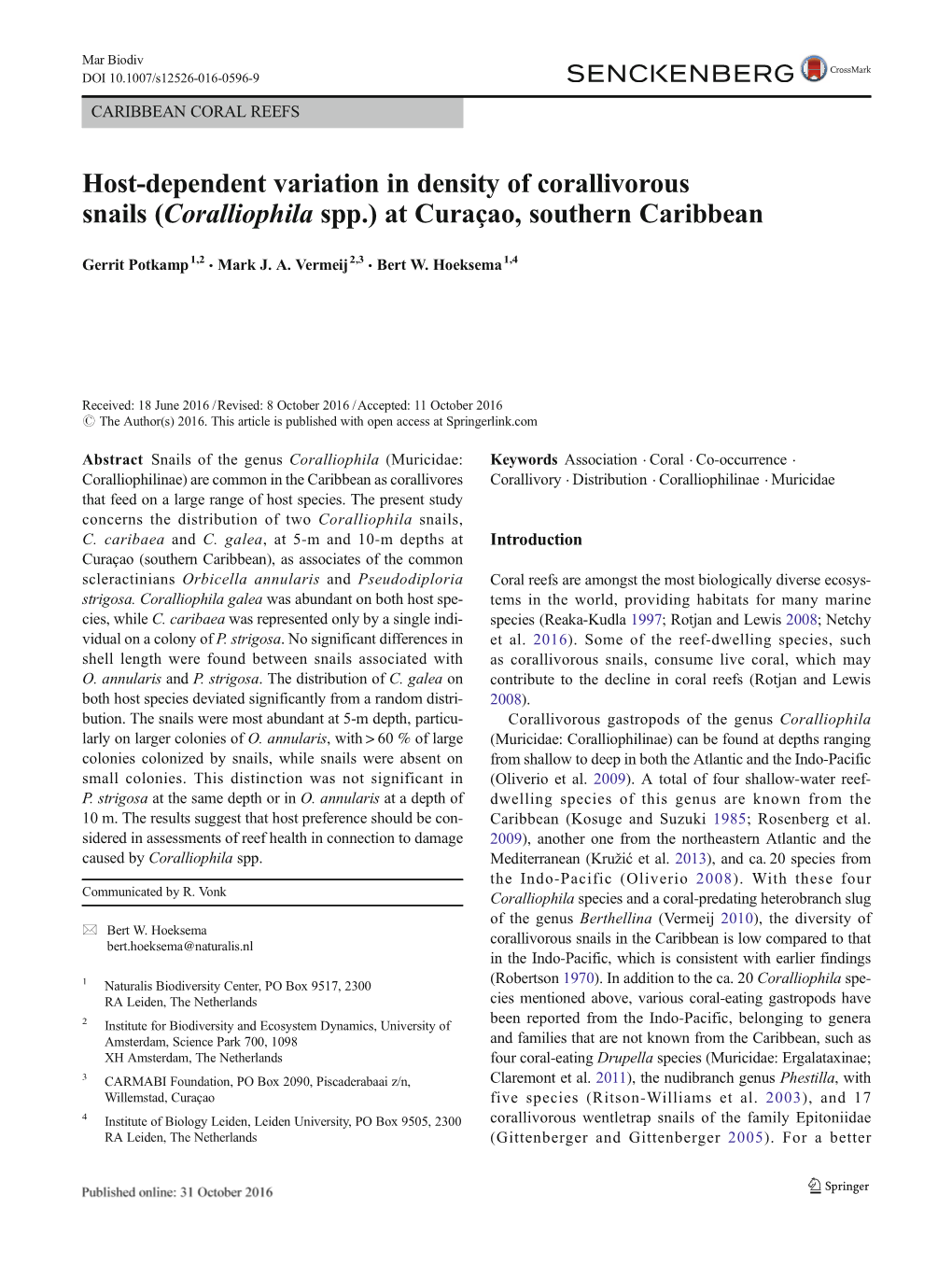 Host-Dependent Variation in Density of Corallivorous Snails (Coralliophila Spp.) at Curaçao, Southern Caribbean