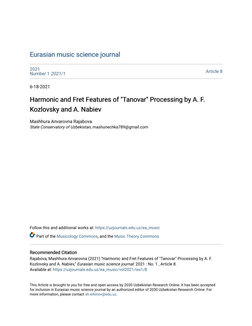 Harmonic and Fret Features of "Tanovar" Processing by A. F. Kozlovsky and A