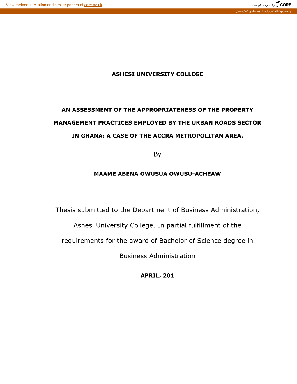 By Thesis Submitted to the Department of Business Administration, Ashesi