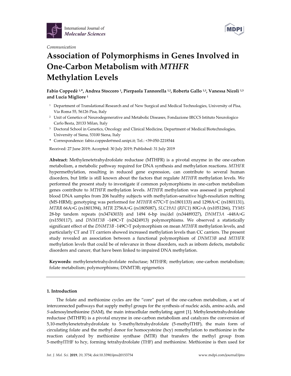 Association of Polymorphisms in Genes Involved in One-Carbon Metabolism with MTHFR Methylation Levels