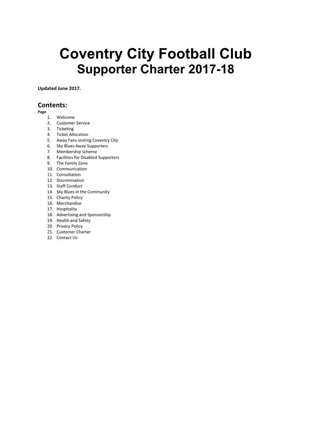 Coventry City Football Club Supporter Charter 2017-18
