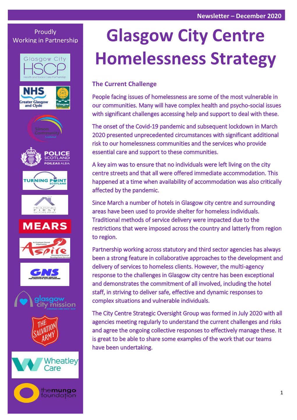 Glasgow City Centre Homelessness Stratefy Newsletter December 2020